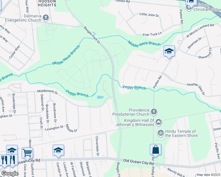 map of restaurants, bars, coffee shops, grocery stores, and more near 1415 Cat Tail Court in Salisbury