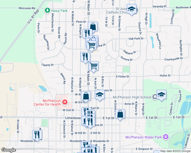 map of restaurants, bars, coffee shops, grocery stores, and more near 200 East Hulse Street in McPherson