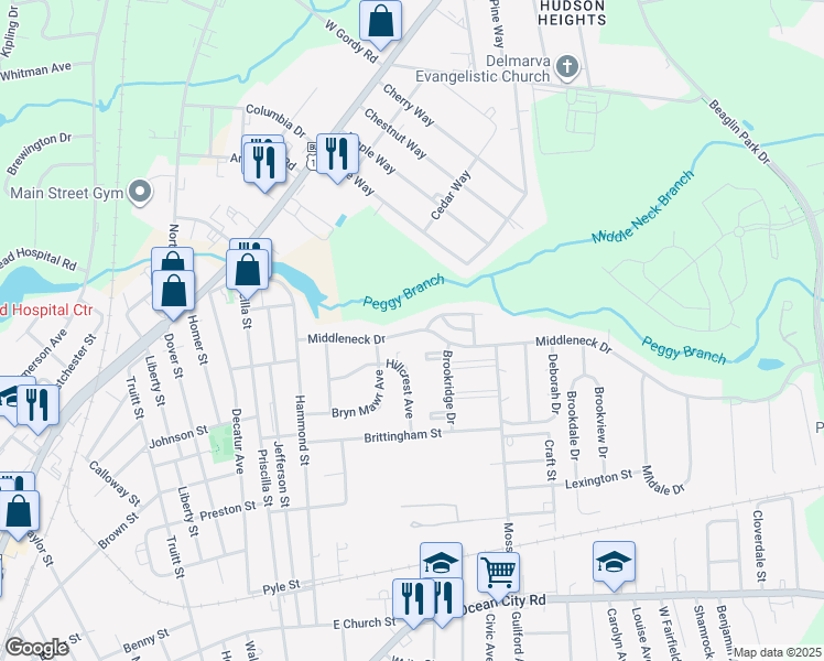 map of restaurants, bars, coffee shops, grocery stores, and more near 1209 Middleneck Drive in Salisbury