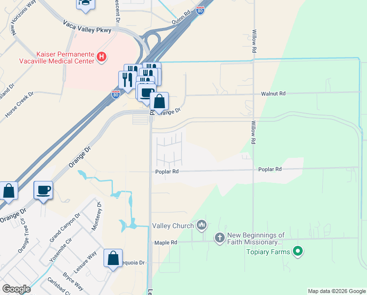 map of restaurants, bars, coffee shops, grocery stores, and more near 117 Del Rey Drive in Vacaville