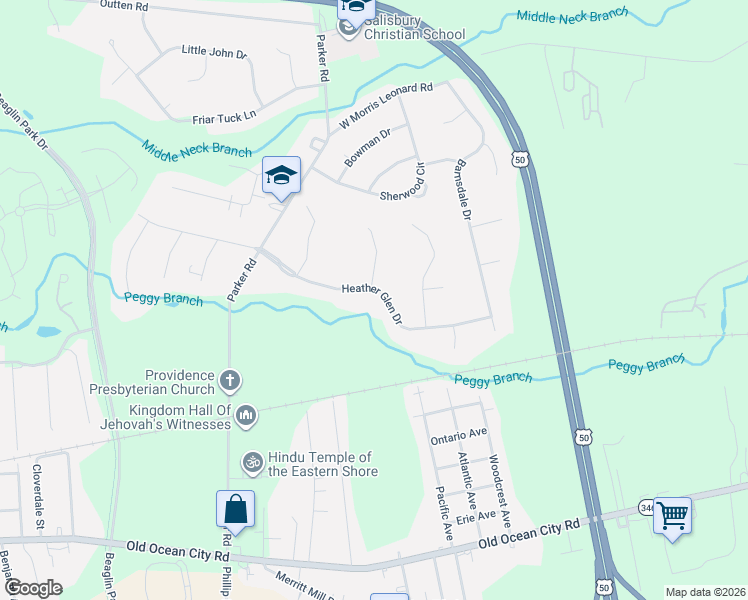 map of restaurants, bars, coffee shops, grocery stores, and more near 30712 Heather Glen Drive in Salisbury