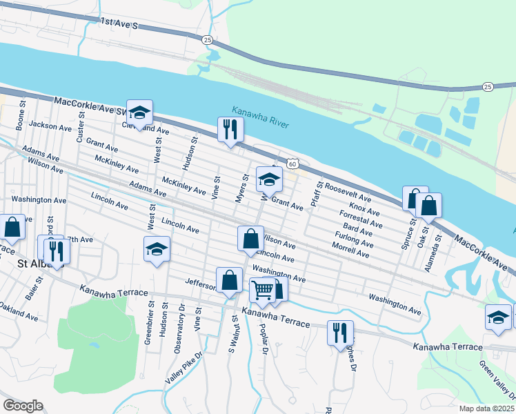 map of restaurants, bars, coffee shops, grocery stores, and more near 225 Walnut Street in Saint Albans