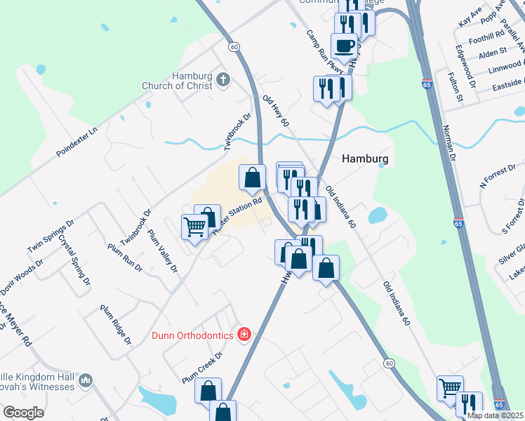 map of restaurants, bars, coffee shops, grocery stores, and more near 111 Hunter Station Way in Sellersburg