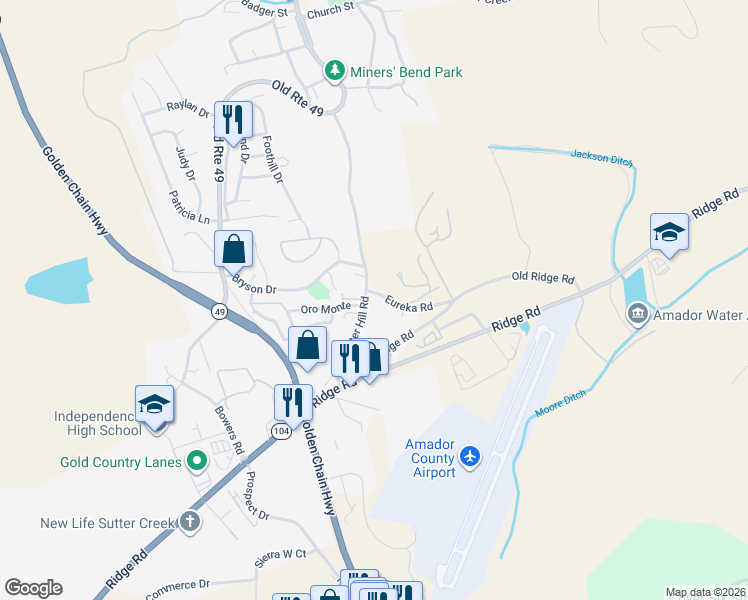 map of restaurants, bars, coffee shops, grocery stores, and more near 340 Sutter Hill Rd in Sutter Creek