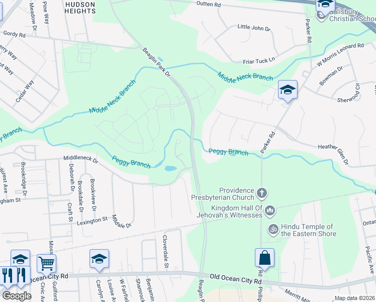 map of restaurants, bars, coffee shops, grocery stores, and more near 1415 Cat Tail Court in Salisbury