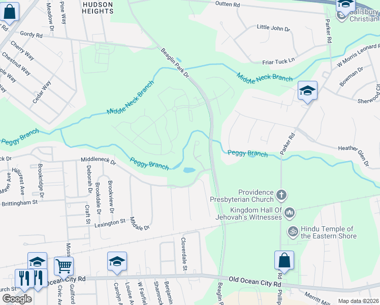 map of restaurants, bars, coffee shops, grocery stores, and more near 414 Stream Valley Court in Salisbury