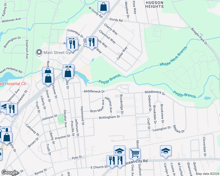 map of restaurants, bars, coffee shops, grocery stores, and more near 1209 Middleneck Drive in Salisbury