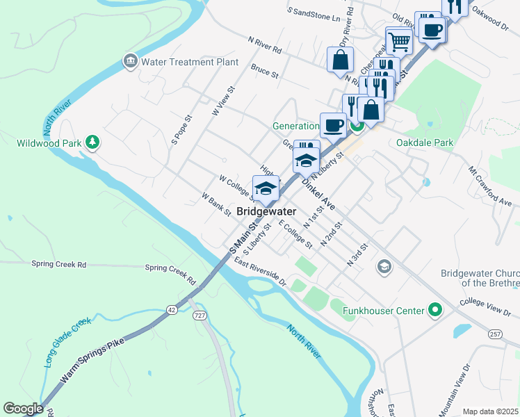 map of restaurants, bars, coffee shops, grocery stores, and more near in Bridgewater