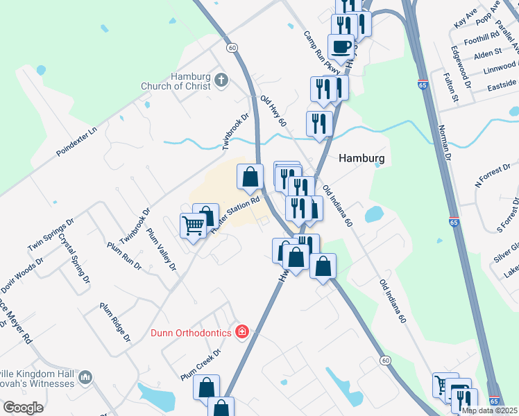 map of restaurants, bars, coffee shops, grocery stores, and more near 111 Hunter Station Way in Sellersburg