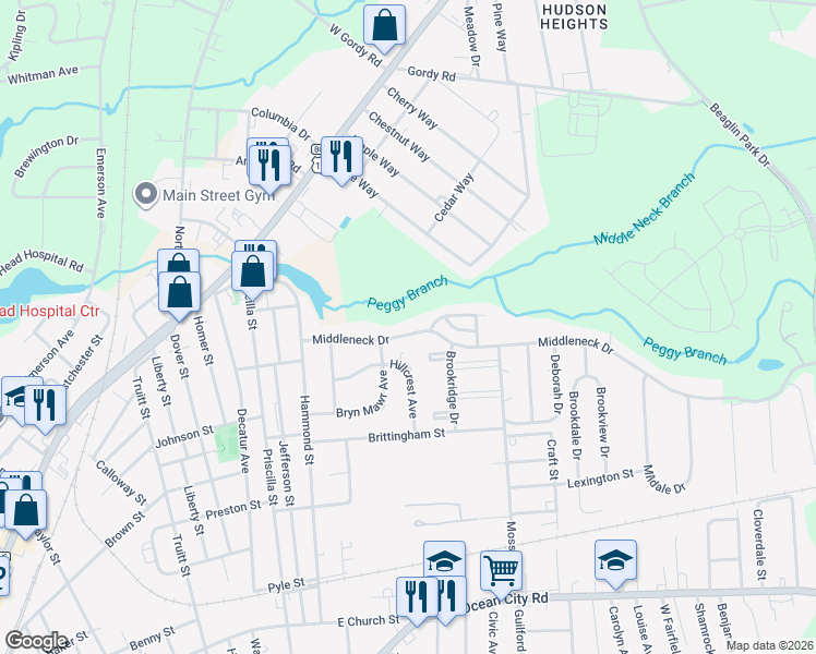 map of restaurants, bars, coffee shops, grocery stores, and more near 1209 Middleneck Drive in Salisbury