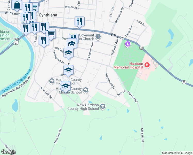 map of restaurants, bars, coffee shops, grocery stores, and more near 113 Brooks Street in Cynthiana