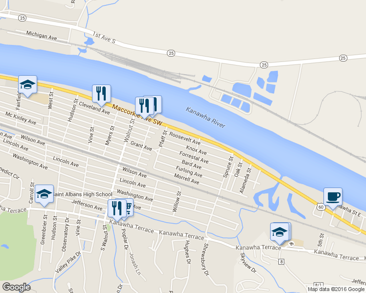 map of restaurants, bars, coffee shops, grocery stores, and more near 2629 Knox Ave in St Albans