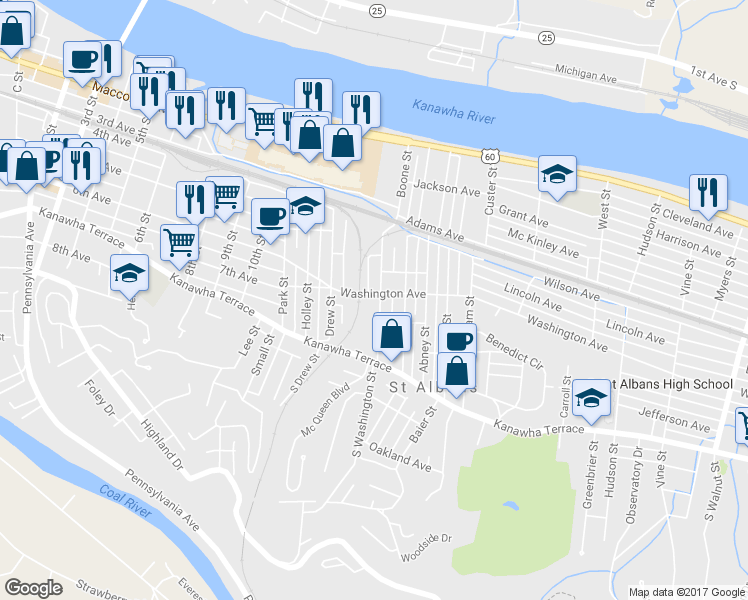 map of restaurants, bars, coffee shops, grocery stores, and more near 601 Lincoln Avenue in Saint Albans