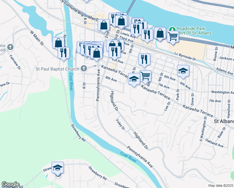 map of restaurants, bars, coffee shops, grocery stores, and more near 423 9th Avenue in Saint Albans