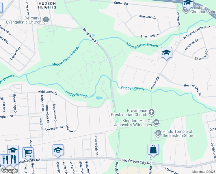 map of restaurants, bars, coffee shops, grocery stores, and more near 1419 Cat Tail Court in Salisbury