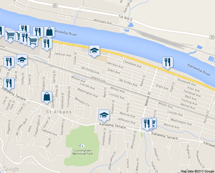 map of restaurants, bars, coffee shops, grocery stores, and more near 2121 Wilson Avenue in St. Albans