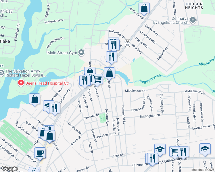 map of restaurants, bars, coffee shops, grocery stores, and more near 720 Priscilla Street in Salisbury