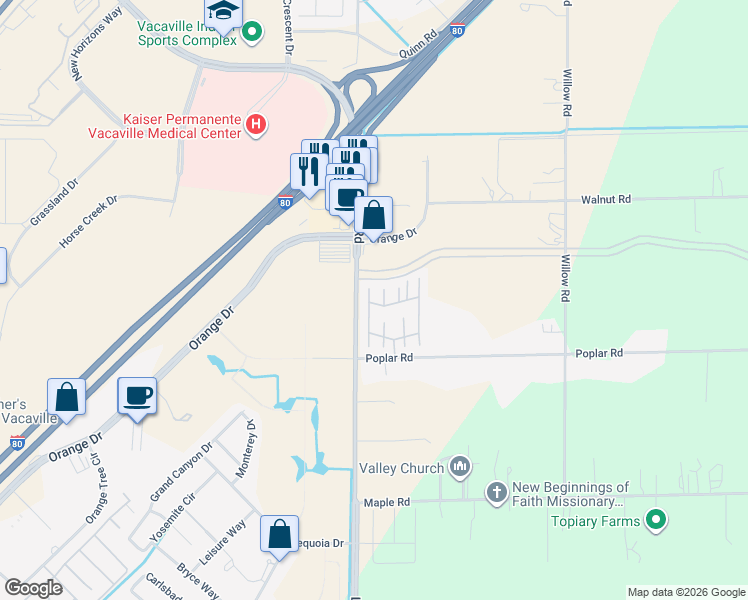 map of restaurants, bars, coffee shops, grocery stores, and more near in Vacaville