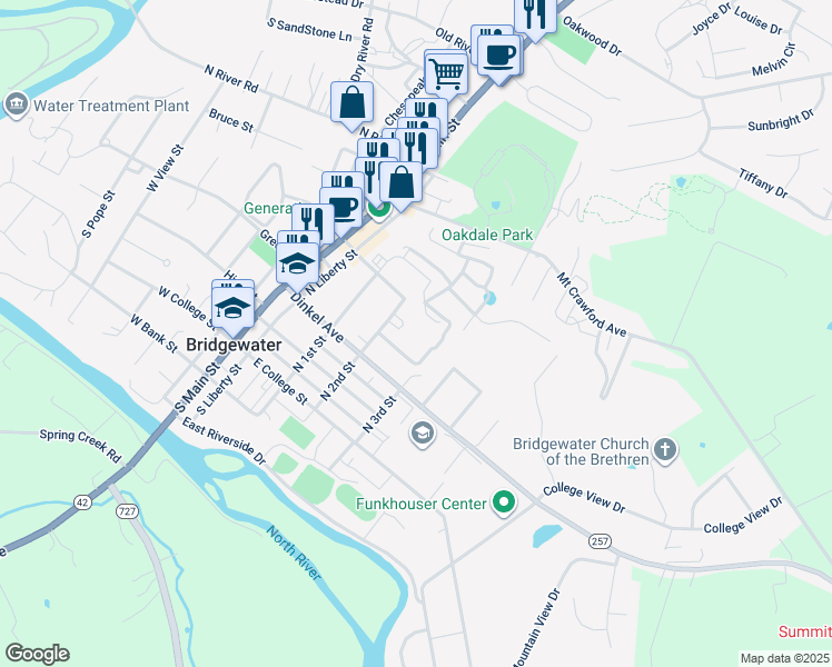 map of restaurants, bars, coffee shops, grocery stores, and more near 302 N 2nd St in Bridgewater