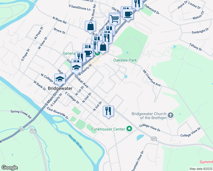 map of restaurants, bars, coffee shops, grocery stores, and more near 302 North 2nd Street in Bridgewater