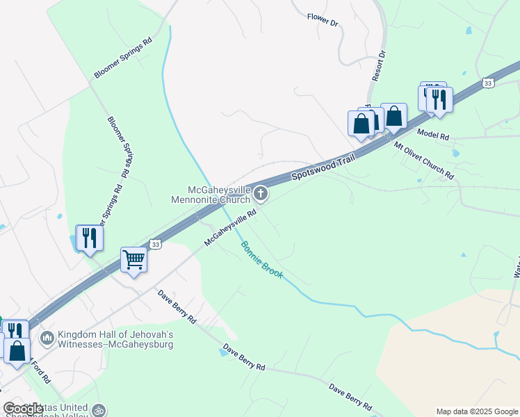 map of restaurants, bars, coffee shops, grocery stores, and more near 11256 Piano Lane in McGaheysville
