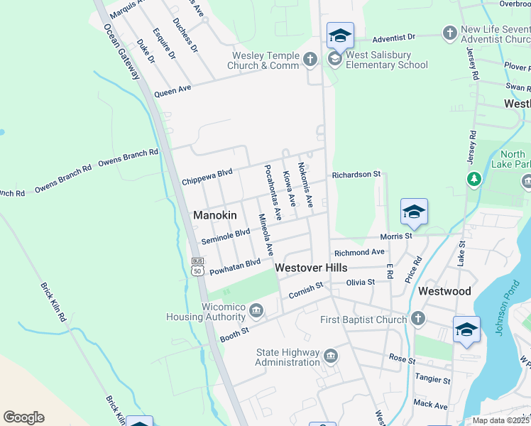 map of restaurants, bars, coffee shops, grocery stores, and more near 1107 Mineola Avenue in Salisbury