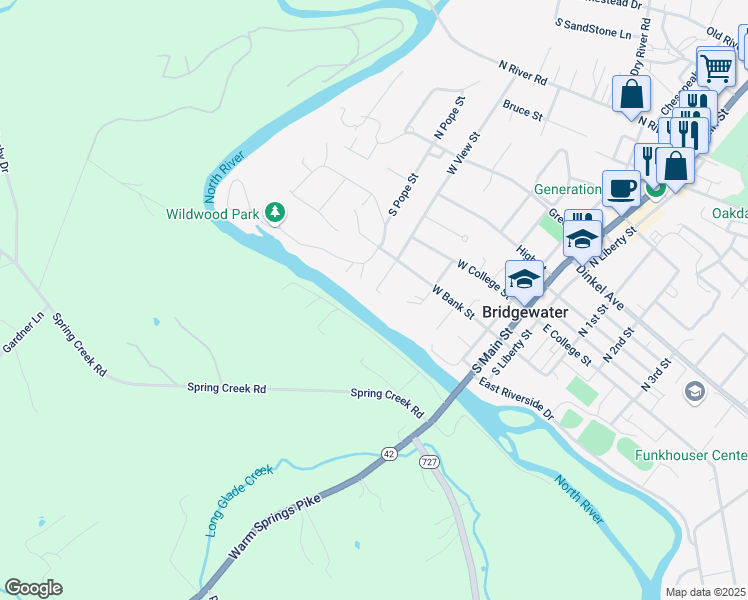 map of restaurants, bars, coffee shops, grocery stores, and more near 103 West Avenue in Bridgewater