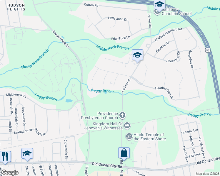 map of restaurants, bars, coffee shops, grocery stores, and more near 402 Pamela Drive in Salisbury