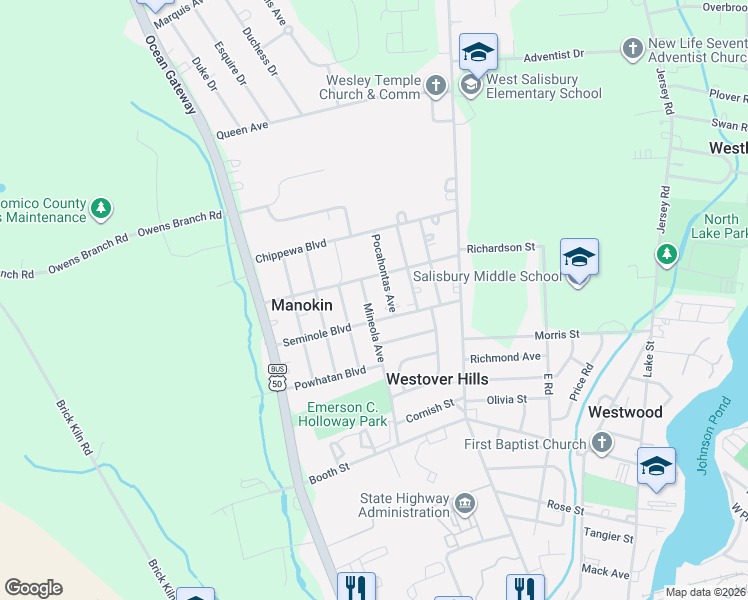 map of restaurants, bars, coffee shops, grocery stores, and more near 1100 Mineola Avenue in Salisbury