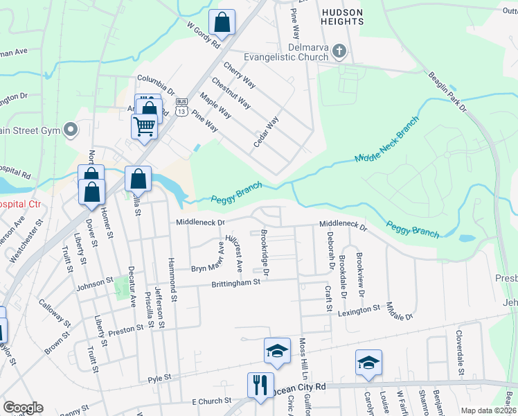 map of restaurants, bars, coffee shops, grocery stores, and more near 1233 Middleneck Drive in Salisbury