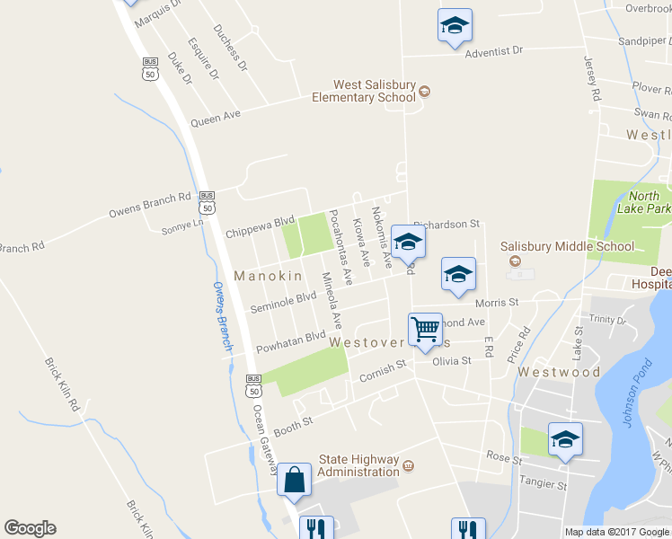 map of restaurants, bars, coffee shops, grocery stores, and more near 1107 Mineola Avenue in Salisbury