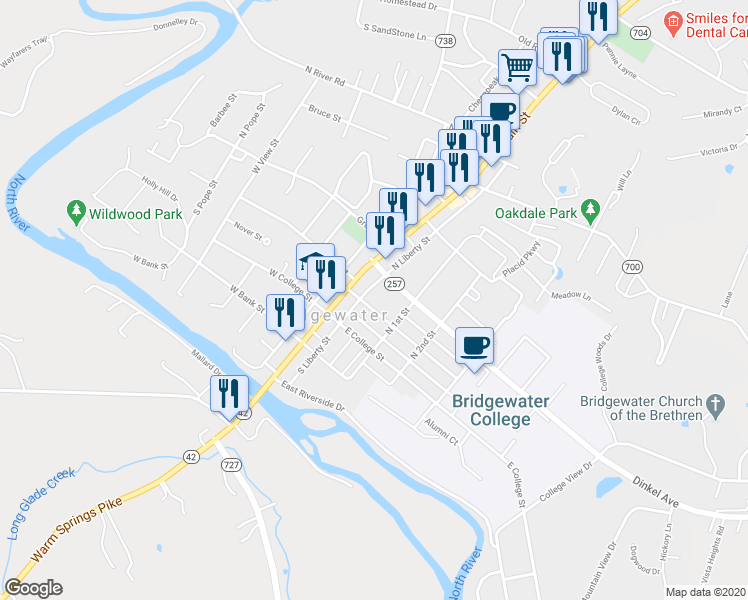 map of restaurants, bars, coffee shops, grocery stores, and more near 106 Broad Street in Bridgewater
