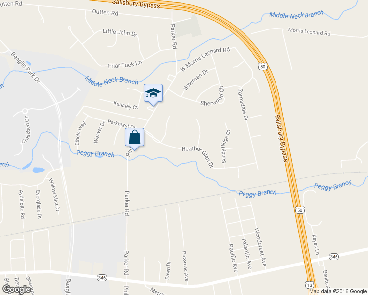 map of restaurants, bars, coffee shops, grocery stores, and more near 30674 Heather Glen Drive in Salisbury