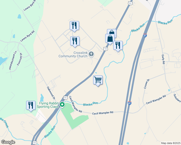 map of restaurants, bars, coffee shops, grocery stores, and more near 4979 Lee Highway in Harrisonburg