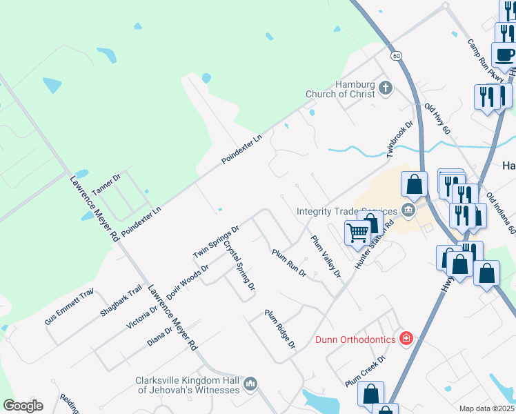 map of restaurants, bars, coffee shops, grocery stores, and more near 8529 Plum Run Drive in Sellersburg