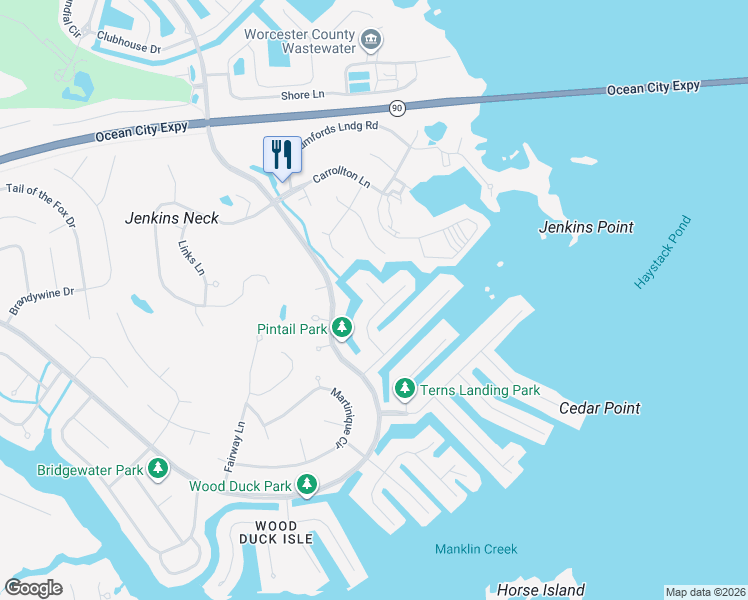 map of restaurants, bars, coffee shops, grocery stores, and more near 21 North Pintail Drive in Ocean Pines