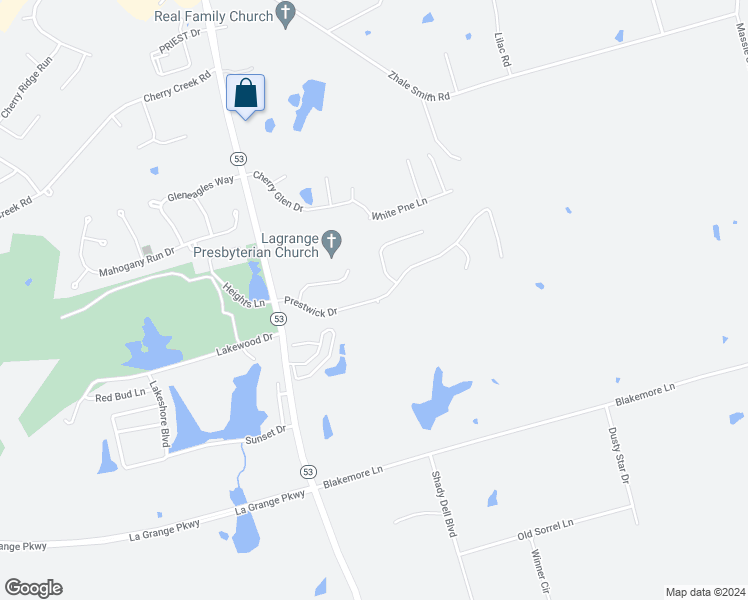 map of restaurants, bars, coffee shops, grocery stores, and more near 1931 Prestwick Drive in La Grange