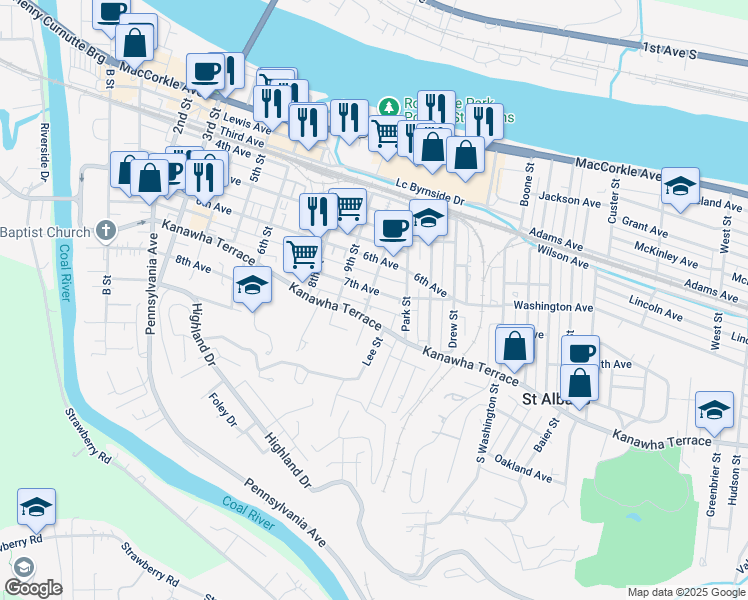 map of restaurants, bars, coffee shops, grocery stores, and more near 1020 Kanawha Terrace in Saint Albans