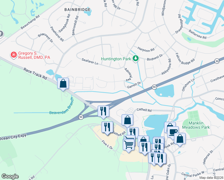map of restaurants, bars, coffee shops, grocery stores, and more near 37 Admiral Avenue in Ocean Pines