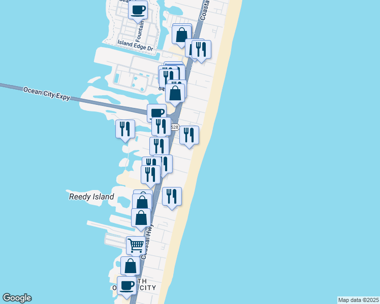 map of restaurants, bars, coffee shops, grocery stores, and more near 6007 Atlantic Avenue in Ocean City