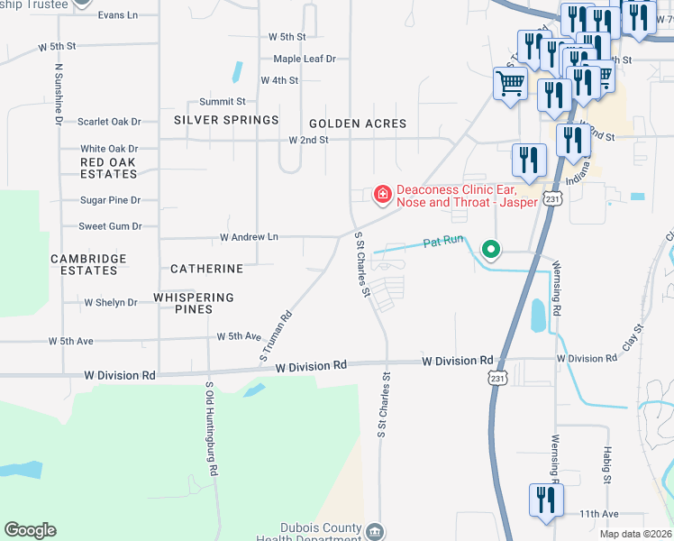 map of restaurants, bars, coffee shops, grocery stores, and more near 347 South Truman Road in Jasper