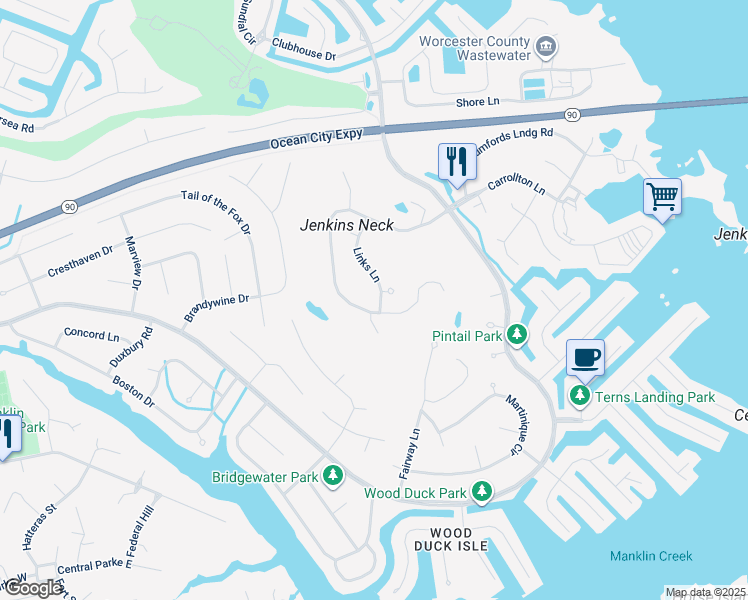 map of restaurants, bars, coffee shops, grocery stores, and more near 25 Links Lane in Ocean Pines