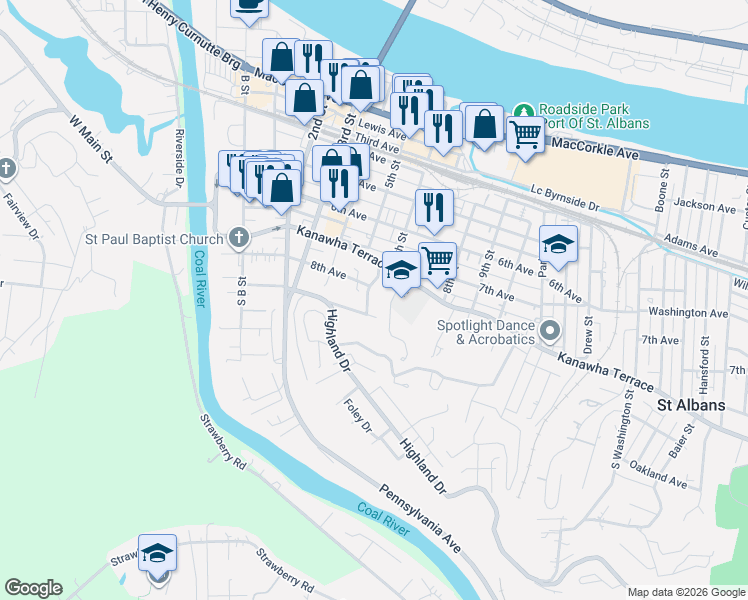 map of restaurants, bars, coffee shops, grocery stores, and more near 501 Highland Terrace in St Albans