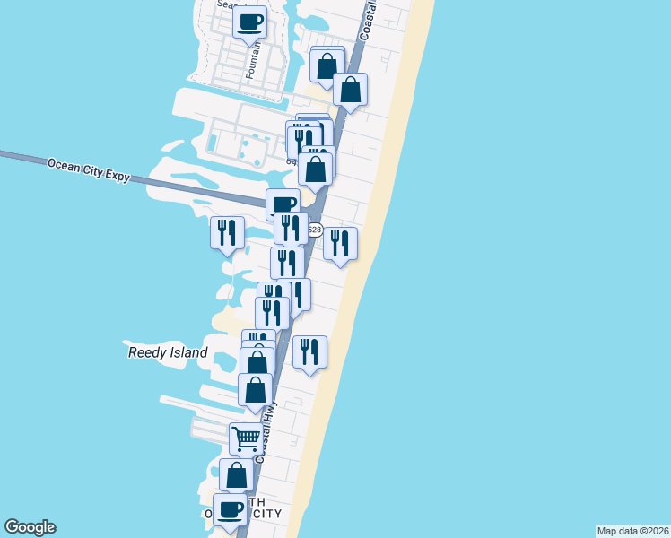 map of restaurants, bars, coffee shops, grocery stores, and more near 5 60th Street in Ocean City