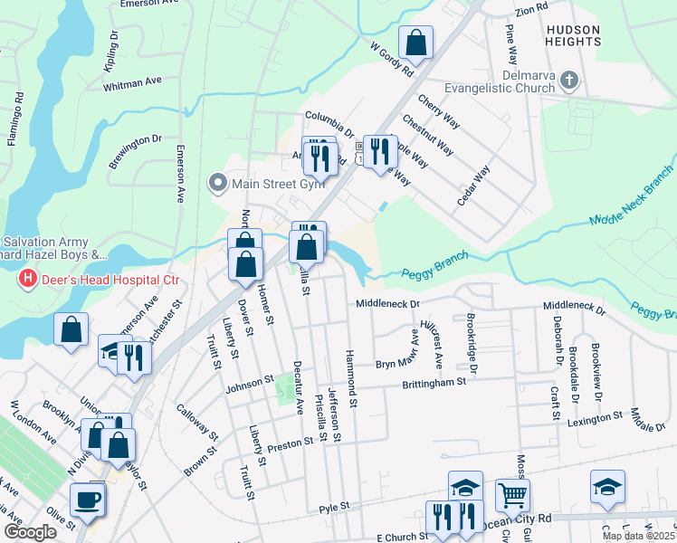 map of restaurants, bars, coffee shops, grocery stores, and more near 1021 Caroline Street in Salisbury