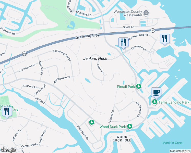 map of restaurants, bars, coffee shops, grocery stores, and more near 25 Links Lane in Ocean Pines