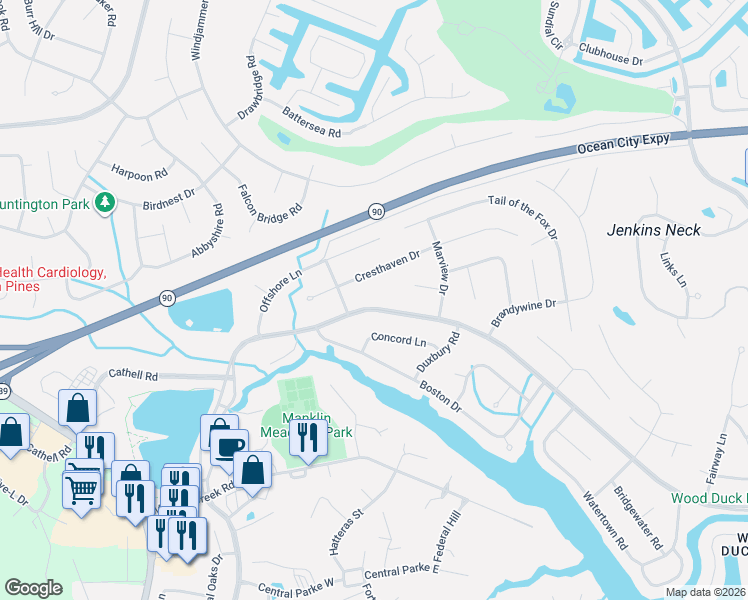 map of restaurants, bars, coffee shops, grocery stores, and more near 32 Cresthaven Drive in Ocean Pines