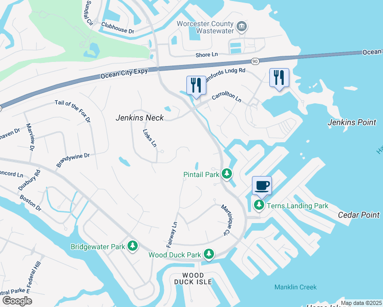 map of restaurants, bars, coffee shops, grocery stores, and more near 128 Hingham Lane in Ocean Pines