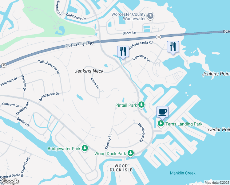 map of restaurants, bars, coffee shops, grocery stores, and more near 128 Hingham Lane in Ocean Pines