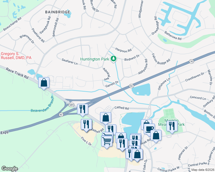 map of restaurants, bars, coffee shops, grocery stores, and more near 22 Garrett Drive in Ocean Pines